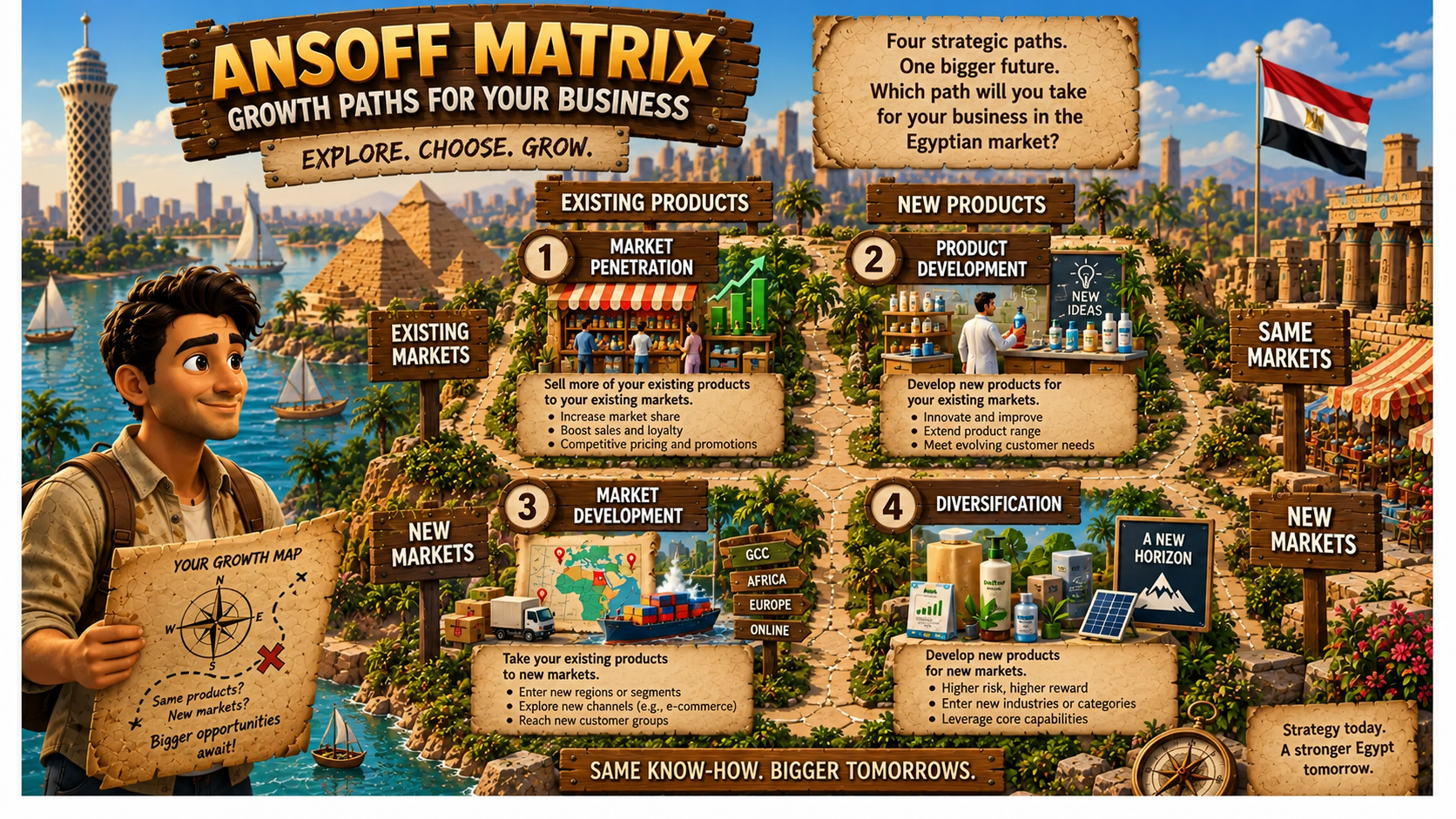 Illustrated Ansoff Matrix showing market penetration, product development, market development and diversification in Egypt