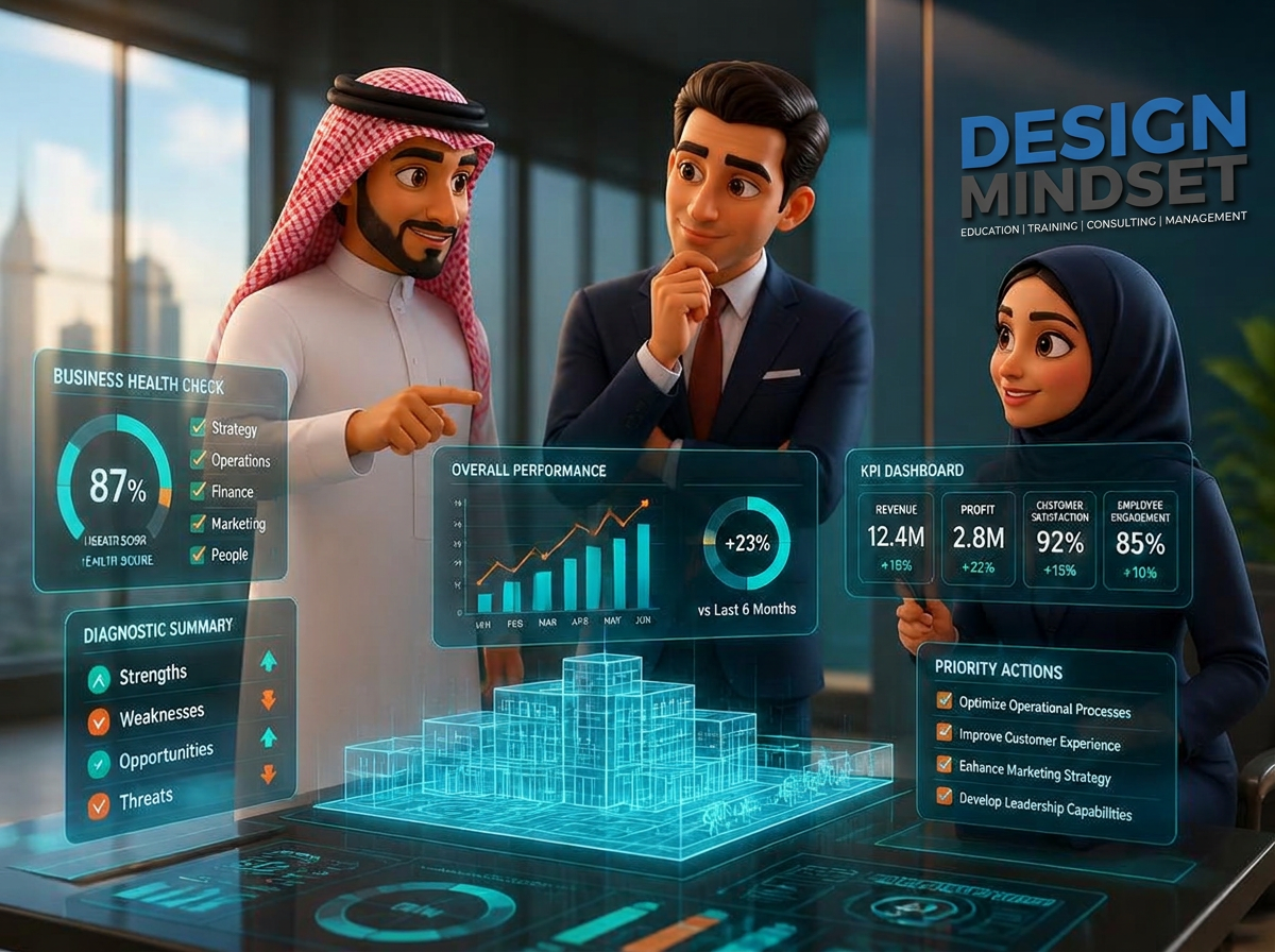 Illustrated Saudi and Egyptian consultants reviewing a holographic business health-check dashboard in a modern office