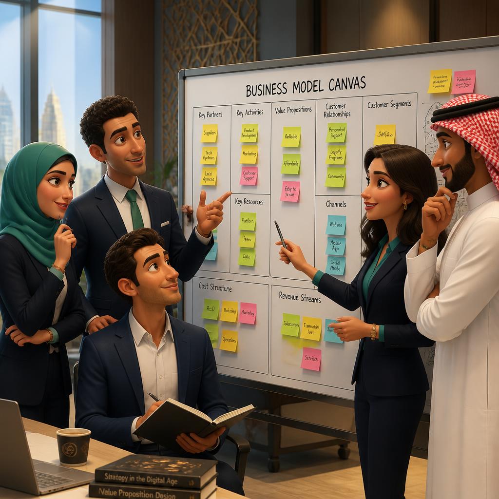 Egyptian and Saudi professionals mapping a Business Model Canvas on a whiteboard with sticky notes