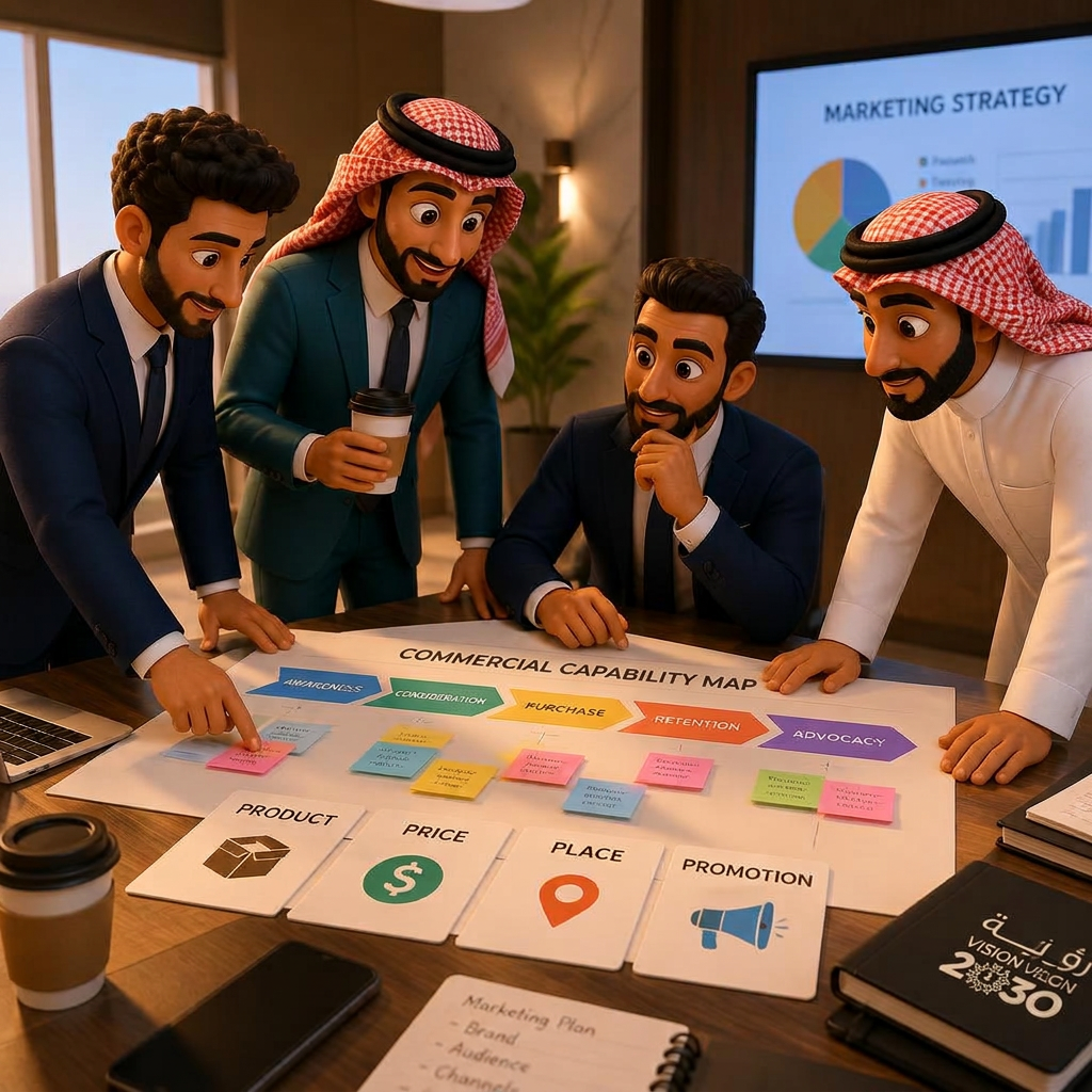 Egyptian and Saudi team building a customer journey map with touchpoints and 4Ps cards