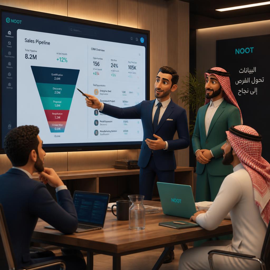 Egyptian and Saudi sales team reviewing a pipeline funnel and CRM dashboard