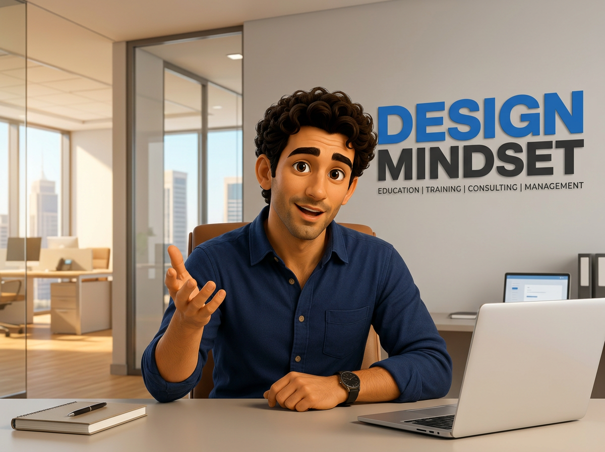 Illustrated Middle Eastern business professional welcoming visitors from his Design Mindset office