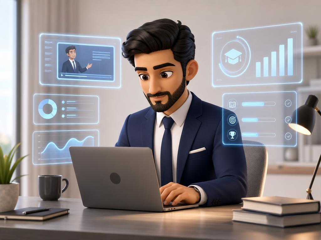 Illustrated Middle Eastern businessman using a laptop with floating holographic learning dashboards