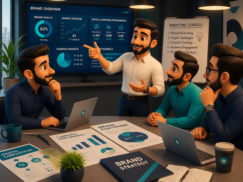 Illustrated Middle Eastern marketing team reviewing brand dashboards and campaign charts in a modern office