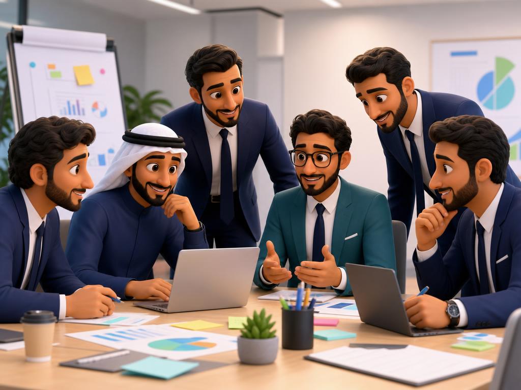 Illustrated group of Middle Eastern businessmen collaborating in a workshop around a laptop and charts